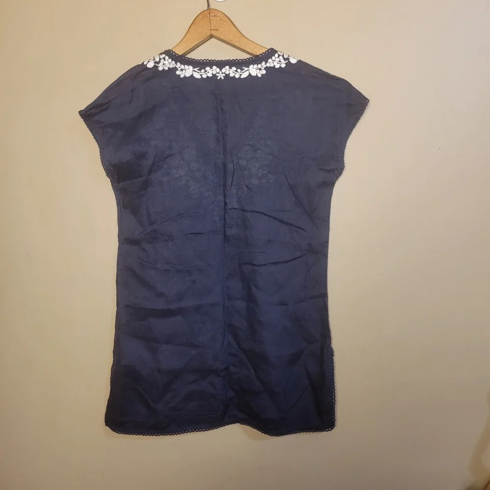 Tory Burch Linen Tunic Women XS Navy Blue Excellent Embroidered Boho V-Neck Top